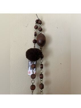 Galeries Lafayette Brown Wood and Pom Pom Long Necklace NWT